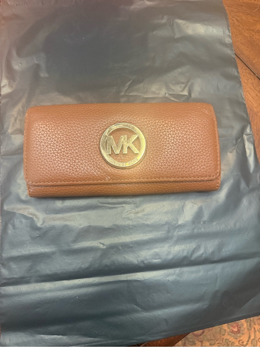 Michael Kors Tan Pebbled Leather Continental Wallet with Gold MK Emblem